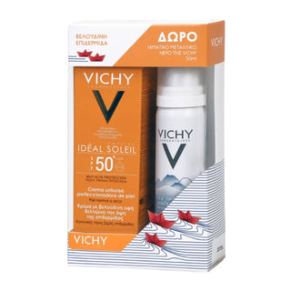 VICHY Promo Pack Ideal Soleil Velvety Cream SPF50+ Αντιηλιακή κρέμα Προσώπου για λαμπερό μαύρισμα 50ml με Δώρο Ιαματικό Nερό Vichy 50ml